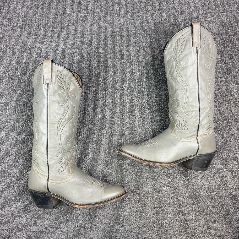 Vintage Acme Gray Leather Cowboy Boots Womens Size 8M Tall Western Embroidered